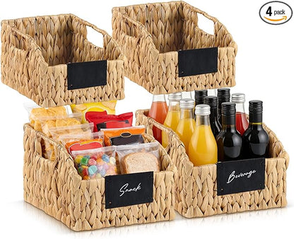 4 Pack Water Hyacinth Pantry Organizers, Wicker Storage Basket with Handles Chalkboard Labels Marker, Woven Storage Baskets for Shelves Kitchen Bedroom Bathroom