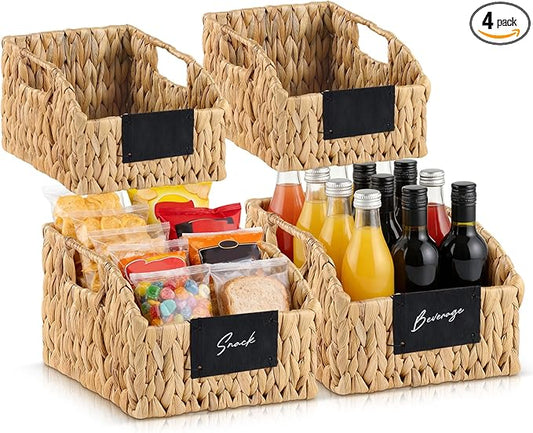 4 Pack Water Hyacinth Pantry Organizers, Wicker Storage Basket with Handles Chalkboard Labels Marker, Woven Storage Baskets for Shelves Kitchen Bedroom Bathroom