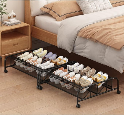 FKUO 2 Tier Shoe Rack Underbed Organizer Storage Rack with Wheels Woven Mesh Cloth Shoe Organizer Drawer Space Saving for Bedroom (Black, 2 Pack)