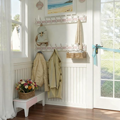 SKOLOO Coastal Coat Rack Wall Mount-38.12" Beach House Entryway Wooden Coat Hook with 10 Hooks for Hanging Coats, Hats or Towels, Oceanfront Cottage Core Collection, White & Palm Beach Pink, Pack of 2