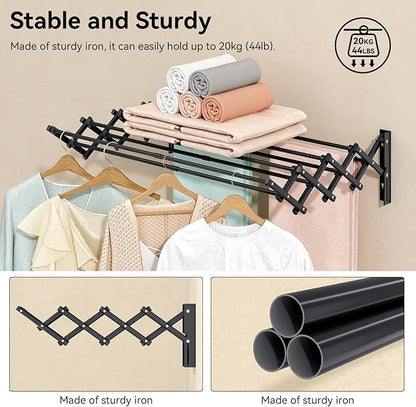 APEXCHASER Laundry Drying Rack Wall Mount - Towel Rack Collapsible, Accordion Clothes Drying Rack, Clothes Airer for Bathroom Balcony Laundry Room Wall Mounted, Drying Rack for Clothing, Black