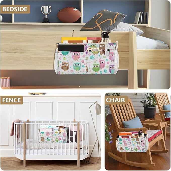 CuwrYet Bedside Caddy Hanging Bunk Bed Caddy Bed Organizer Hanging Pocket with 2 Hooks Bedside Storage Organizer Pocket Bag Holder Colorful Owls and Flowers