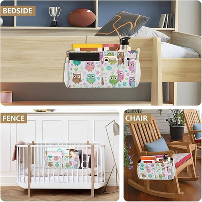 CuwrYet Bedside Caddy Hanging Bunk Bed Caddy Bed Organizer Hanging Pocket with 2 Hooks Bedside Storage Organizer Pocket Bag Holder Colorful Owls and Flowers