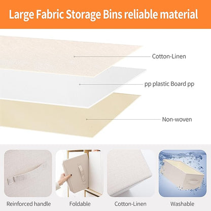 Linen Folding Storage Bins, 3 Pack Large Storage Baskets, Washable, Clothing Storage Bins with Handle, Closet Organizer for Storage Sweater,Sheets(Beige, 18½"x11" x8½")