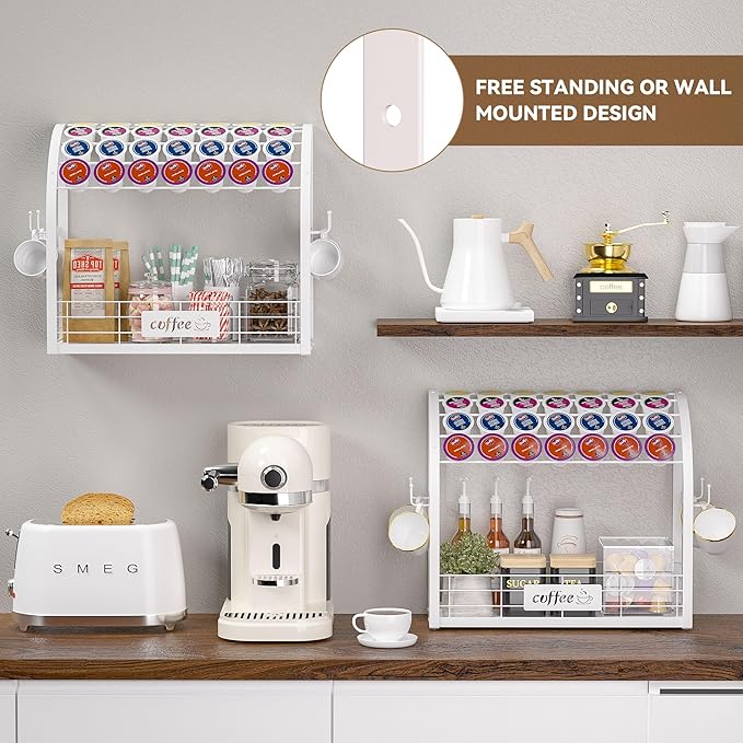 Metal K Cup Holder with Wooden Tray, 2-Tier Coffee Bar Organizer with Mug Hooks, Countertop Coffee Pod and Station Accessories – White