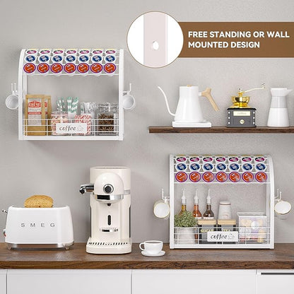 Metal K Cup Holder with Wooden Tray, 2-Tier Coffee Bar Organizer with Mug Hooks, Countertop Coffee Pod and Station Accessories – White