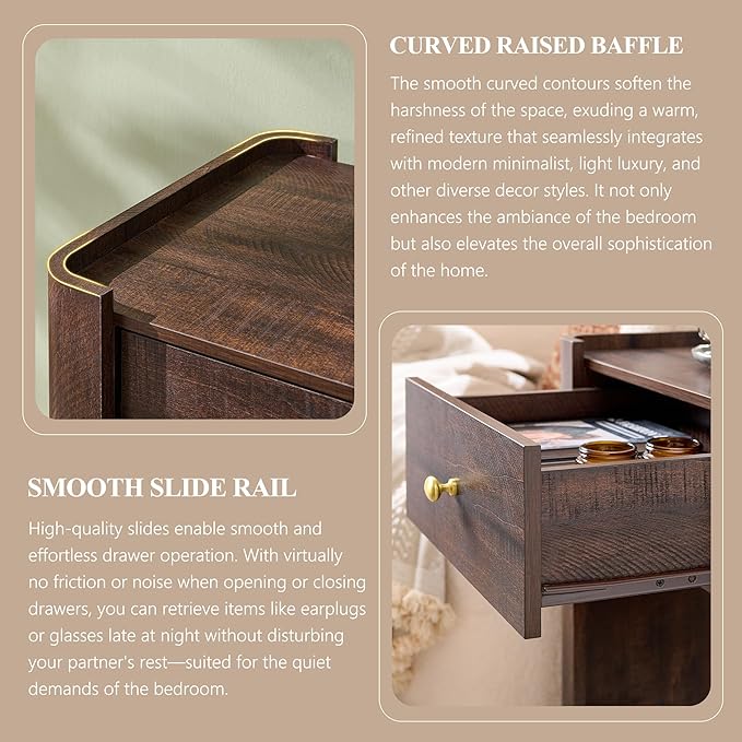 IFGET 23.6" Tall Modern Nightstand Set of 2, 22" Wide Curved Bedside Table with Charging Station, Wooden Night Stand with 1 Storage Drawer, Large End Table for Bedroom, Living Room, Brown