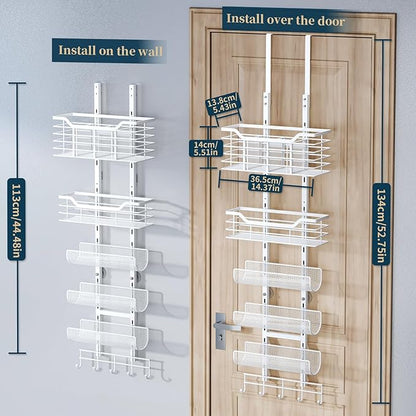 Consumest 6-Tier Hair Tool Organizer - Hair Dryer Holder Over The Door/Wall Mounted DIY Adjustable Shelf Bathroom Door Organizer with Hook for Curling Iron/Blow Dryer/Straightener White
