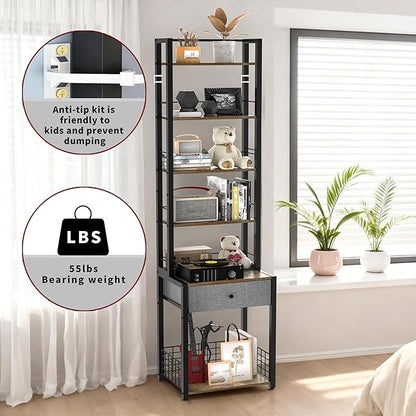 CD Storage Rack, 6-Tier DVD Organizer Shelf with Drawer & Adjustable Book Stoppers, Vinyl Record Holder &Multi-Purpose Media Organizer, Ideal for Living Room/Home Office,15.7x11.8x64.3Inch