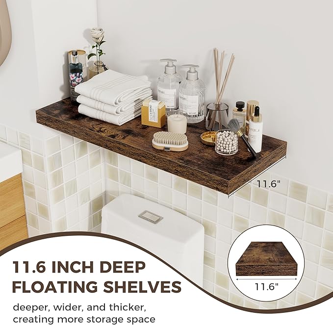 Fun Memories Deep Floating Shelves, 32W x 12D Rustic Brown Wall Shelves, 32 Long Rustic Wood Wide Storage Shelves for Bedroom, Kitchen, Farmhouse, Laundry Room, Bedroom, Kitchen, Home Office- Set of 3