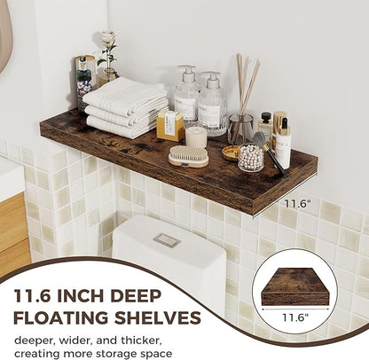 Fun Memories Deep Floating Shelves, 32W x 12D Rustic Brown Wall Shelves, 32 Long Rustic Wood Wide Storage Shelves for Bedroom, Kitchen, Farmhouse, Laundry Room, Bedroom, Kitchen, Home Office- Set of 3