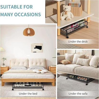 XSCQ Under Bed Shoe Storage with Wheels, Space Saving Shoe Organizer with Sturdy Metal Frame & Breathable Mesh, Suitable Under the Bed, Sofa and Desk, 2 Packs