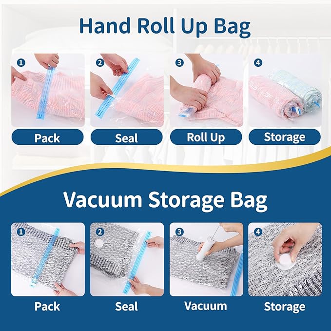 ZoeEnjoyLife Vacuum Storage Bags for Clothing Travel,7 Pack Vacuum Bags with Pump,Space Saver Bag for Clothes Travel & Home (2 Roll Up Bags,1 Small,1 Medium,1 Large,1 Jumbo,1 Super Jumbo)