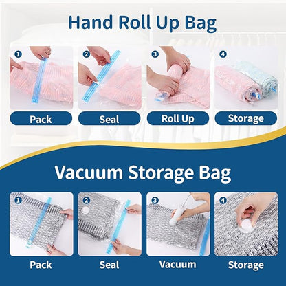 ZoeEnjoyLife Vacuum Storage Bags for Clothing Travel,7 Pack Vacuum Bags with Pump,Space Saver Bag for Clothes Travel & Home (2 Roll Up Bags,1 Small,1 Medium,1 Large,1 Jumbo,1 Super Jumbo)