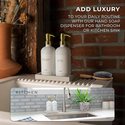 MaisoNovo Soap Dispenser 3-Piece Set | 16.9oz White Bottles Gold Plastic Pumps with Ceramic Tray