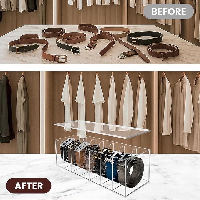 SIKWO Acrylic Belt Organizer with Separated Cover, 7 Compartment Clear Storage Case for Belts, Ties & Bow Ties | Closet & Drawer Display Holder for Men & Women Dust-proof Rack
