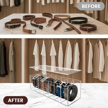 SIKWO Acrylic Belt Organizer with Separated Cover, 7 Compartment Clear Storage Case for Belts, Ties & Bow Ties | Closet & Drawer Display Holder for Men & Women Dust-proof Rack