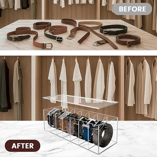 SIKWO Acrylic Belt Organizer with Separated Cover, 7 Compartment Clear Storage Case for Belts, Ties & Bow Ties | Closet & Drawer Display Holder for Men & Women Dust-proof Rack