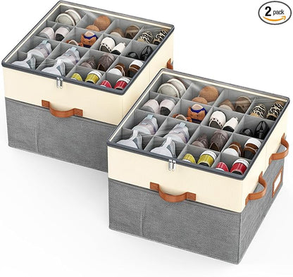 Lewondr Shoe Organizer for Closet, 2 Pack Foldable Shoe Storage Box with Adjustable Dividers and Clear Cover, Space Saving Shoes Holder with 4 Handles, Fits up to 32 Pairs, Beige+Gray