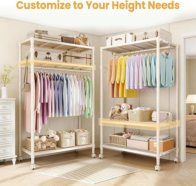 Clothes Rack with Wheels Heavy-Duty, 3-Tier Rolling Garment Rack with Adjustable Shelves & Side Hooks, Freestanding Wardrobe Metal Clothing Rack for Bedroom Cloakroom, 70.2"H x 45.4"W x 17.8"D
