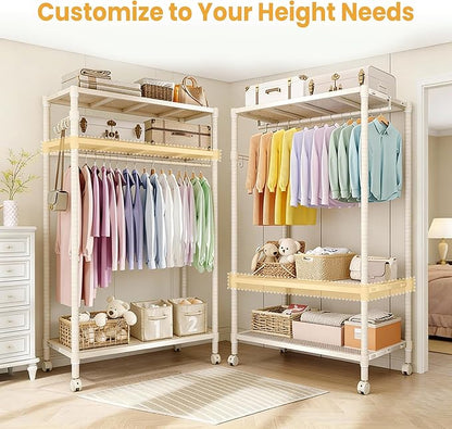 Clothes Rack with Wheels Heavy-Duty, 3-Tier Rolling Garment Rack with Adjustable Shelves & Side Hooks, Freestanding Wardrobe Metal Clothing Rack for Bedroom Cloakroom, 70.2"H x 45.4"W x 17.8"D