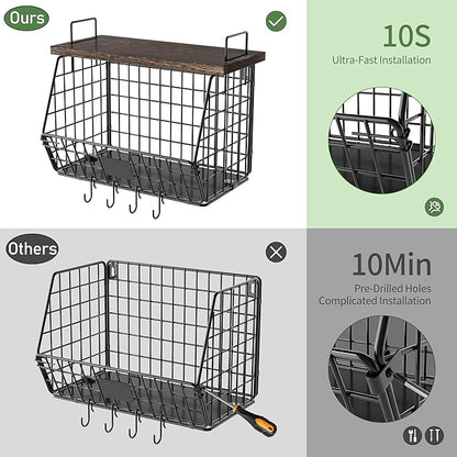 2 Pack Hanging Wall Fruit Basket for Kitchen Counter, Stackable Wire Basket for Fruit, Vegetable, Potato and Onion Storage, Wall-Mounted Fruit Holder with Wood Lid, Banana Hooks & Metal Handles
