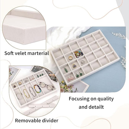 Mornajina 24 Grids Velvet Jewelry Tray Jewelry Display Tray, Stackable Empty Plate Trays for Earrings Necklaces Bracelet Rings Display Showcase - Beige