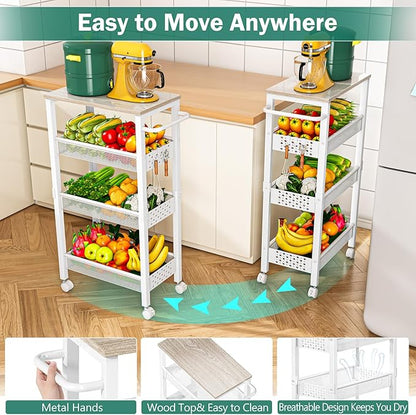 Utility Slim Storage Cart with Wheels, 4 Tier Small Rolling Cart with Wood Top, Metal Kitchen Bathroom Laundry Room Organization Trolley with Handle for Narrow Space - White