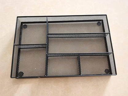 Desk Drawer Organizer tray, Mesh Drawer Organizer Tray for Office, School or Home Supplies Desktop Storage Stationery,bathroom,kitchen, 6 Compartments, 12.6 x 8.27 x 1.57 inch, Black