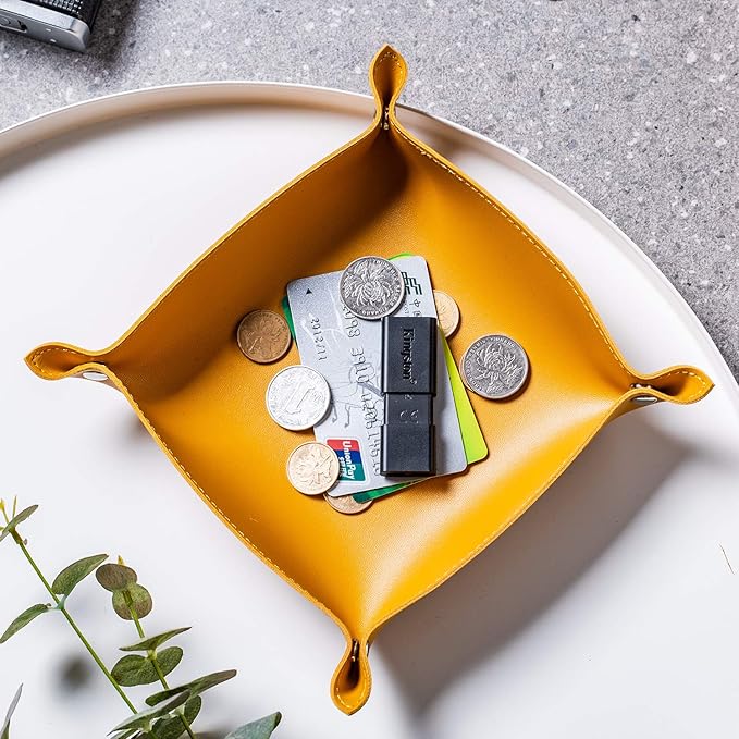SANQIANWAN Leather Jewelry Valet Tray for Women and Man, Portable Entryway Table Tray Bedside Nightstand Desk Tray Small Catchall Travel Dish Plate for Key,Wallet,Watch,Coin (8x8, Yellow-B)