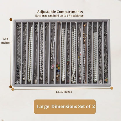 KATISYIO Large Velvet Jewelry Tray 2 Pack Stackable Jewelry Display Drawer Inserts Trays Organizer for Earring Bracelet Necklace Ring (Gray, 16 Grids)