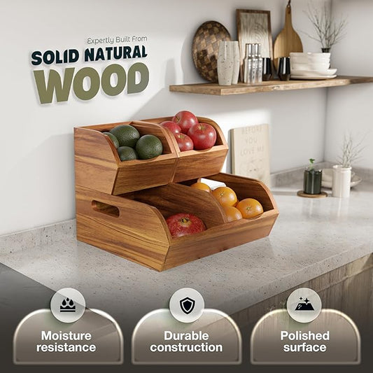 Acacia Wood Pantry Storage Bins - Stackable Open Front Kitchen Baskets for Potato, Onion, Fruit, Vegetable, and Bread Storage, Wood Organizer for Pantry (Warm Acacia)