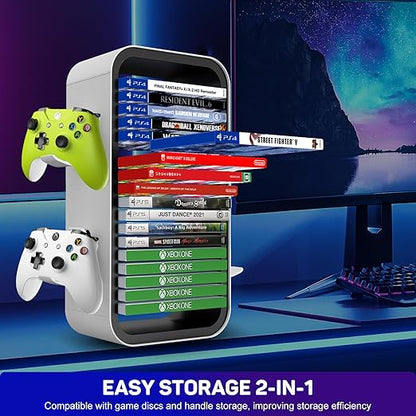 wigmoa Game Storage Tower【15.8INCH】 Compatible with PS5/ Xbox Series S & X/Switch, Universal Video Games Discs Organizers 18 PCS with 4 Controllers Holder, Game Disk Rack Shelf. OYO-1 (White/Black)