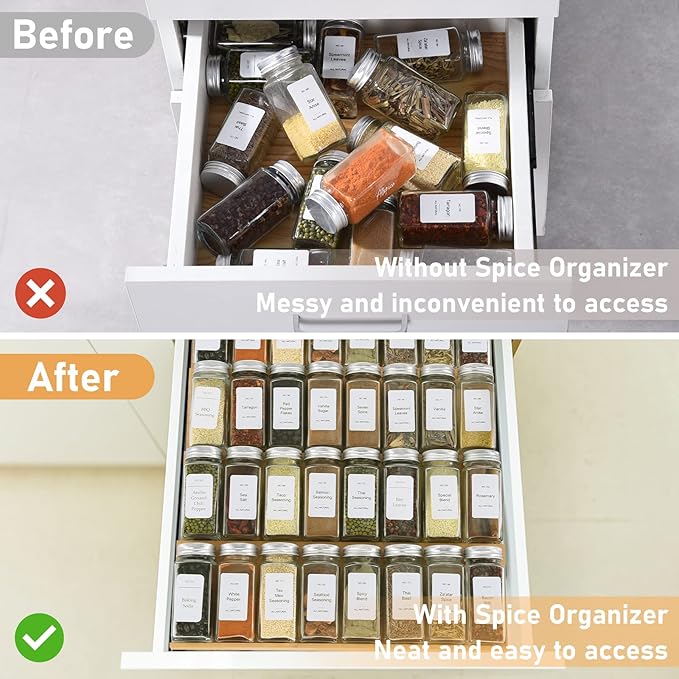 KitHero Spice Drawer Organizer with 20 Spice Jars,216 Labels,25 Non-slip Rubber, Bamboo 4 Tier Seasoning Rack Tray Insert for Kitchen Drawers,Cabinets,Countertop,11" Wide x 15.8" Deep