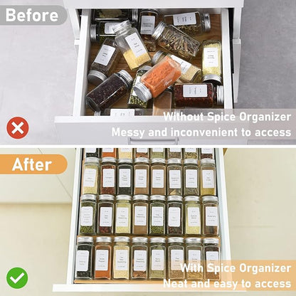 KitHero Spice Drawer Organizer with 20 Spice Jars,216 Labels,25 Non-slip Rubber, Bamboo 4 Tier Seasoning Rack Tray Insert for Kitchen Drawers,Cabinets,Countertop,11" Wide x 15.8" Deep