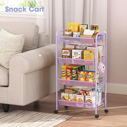 TOOLF 4-Tier Rolling Cart, Metal Utility Cart with 3 Hooks, Easy Assemble Mobile Storage Trolley On Wheels, Metal Shelving Units Kitchen Bathroom Laundry Room
