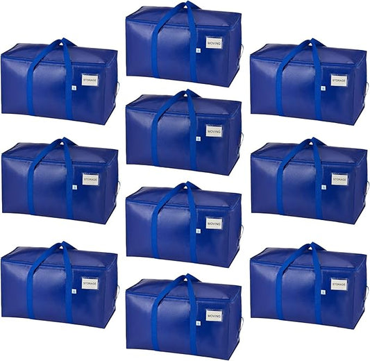 VENO 10 Pack Moving Bags, Upgraded Heavy Duty, Moving Boxes Alternative, Packing Storage Supplies for Dorm Room Essentials with Zipper for Clothes, Large Totes for Packaging (Blue, 10 Pack)