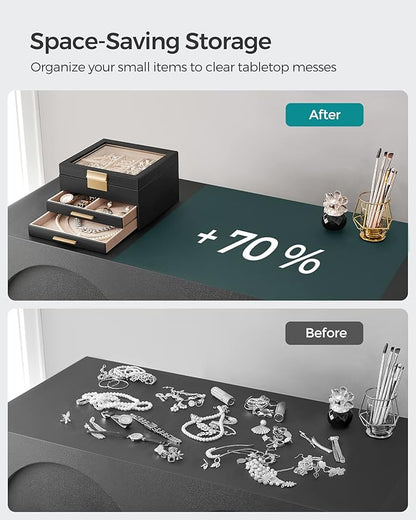 SONGMICS Jewelry Box Organizer with Glass Lid, 3-Layer Jewelry Storage, with 2 Drawers, Modern Style, 8 x 9.1 x 5.3 Inches, Graphite Black and Gold Color UJBC239B03