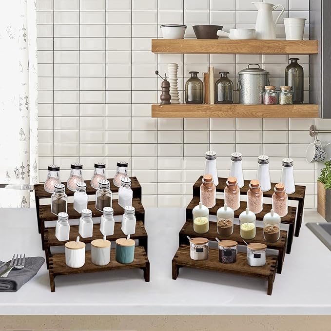 2 Set 8Pcs Large Display Riser Wood Risers Wooden Cupcake Display Stand 4Tiered Racks Perfume Display Dessert Food Stands for Vendors Event Party