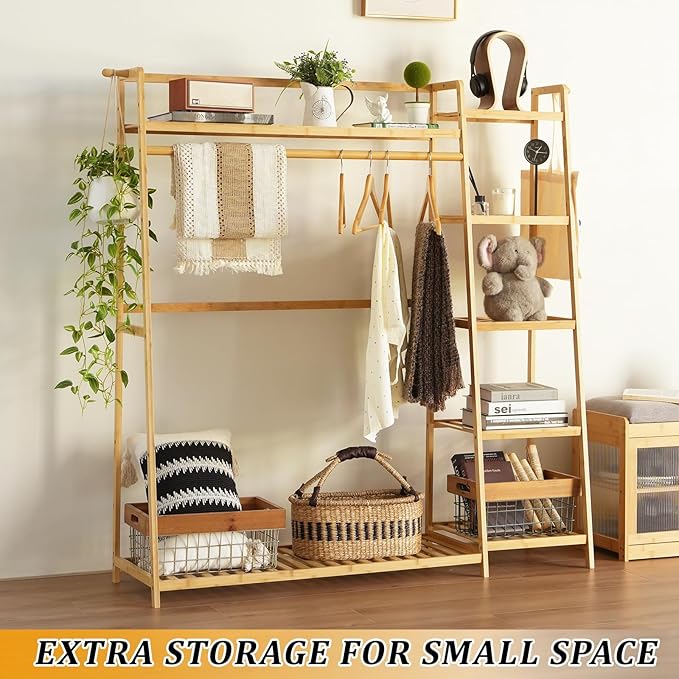 Bamboo Clothing Garment Rack 7 Tier Storage Shelf Coat Clothes Hanging Rack, Portable Wardrobe Closet Organizer With Top Shelf, Shoe Storage Shelves for Bedroom (Natural - 51.18 in)
