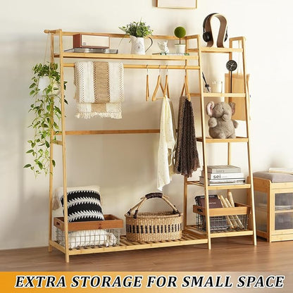 Bamboo Clothing Garment Rack 7 Tier Storage Shelf Coat Clothes Hanging Rack, Portable Wardrobe Closet Organizer With Top Shelf, Shoe Storage Shelves for Bedroom (Natural - 51.18 in)
