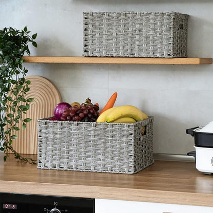Wicker Baskets 2 Pack, Wicker Storage Basket with Handles, Waterproof Woven Baskets for Organizing, Large Storage Basket 15" and Medium 14", Grey