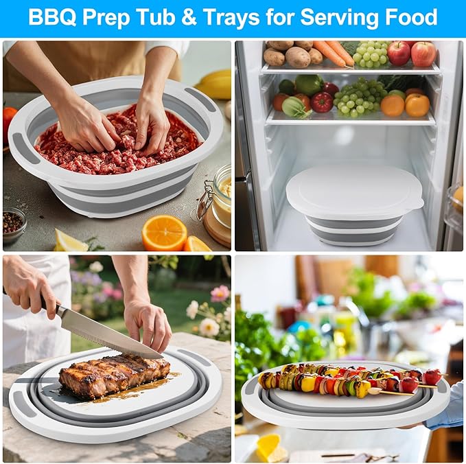 Collapsible BBQ Prep Tub with Lid, 7.5L Bottle Wash Basin with Drain Plug, Chopping Board Colander for Kitchen, Portable Camping Sink Dish Basin, Folding Dish Pan Storage Basket Picnic BBQ Accessories