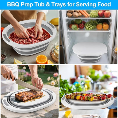 Collapsible BBQ Prep Tub with Lid, 7.5L Bottle Wash Basin with Drain Plug, Chopping Board Colander for Kitchen, Portable Camping Sink Dish Basin, Folding Dish Pan Storage Basket Picnic BBQ Accessories