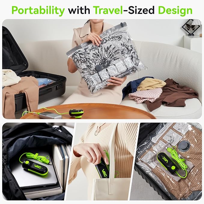 VACKFOX 12 Pack Travel Vacuum Bags for Clothing with USB and TYPE C Pump, Compression Seal Packing Cubes for Luggage Suitcase Backpack,Carry-on Size Space Saver Storage Bags for Vacation Cruise（Green）