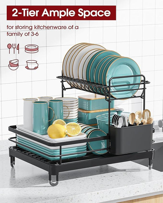 Sakugi Dish Drying Rack - X-Large Stainless Steel Dish Rack for Kitchen Counter, 2-Tier Kitchen Organizers and Storage for Dishes, Bowls, Cutlery, Black