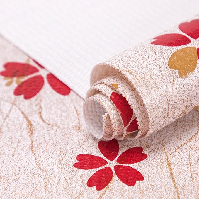 RAY STAR 18X96 Inch Shelf Liner for Kitchen Cabinets, Non-Adhesive Cabinet Liner Washable, PVC Drawer Liner for Dresser Non-Slip Bathroom (Red Floral)(5 Roll)