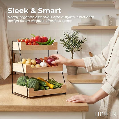 3-Tier Wooden Fruit Basket – Rubberwood Countertop Produce Storage with Metal Frame – Minimal Scandinavian Design Fruit Stand for Kitchen Counter, Space-Saving Tiered Basket Organizer