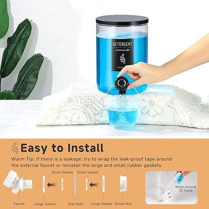 1 Glass Laundry Detergent Dispenser with Black Bamboo Lid - 120 Oz Liquid Detergent, Laundry Soap & Fabric Softener Dispenser for Laundry Room Organization and Storage with 1 Cups & 4 Labels