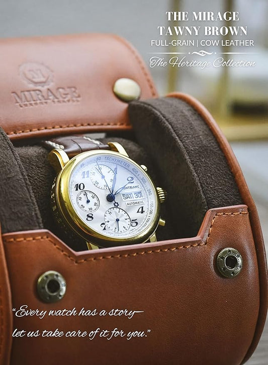 Leather Watch Rroll Travel Case Single Watch Roll Holder Tawny Brown Full Grain Cow Leather - Mirage Heritage Collection
